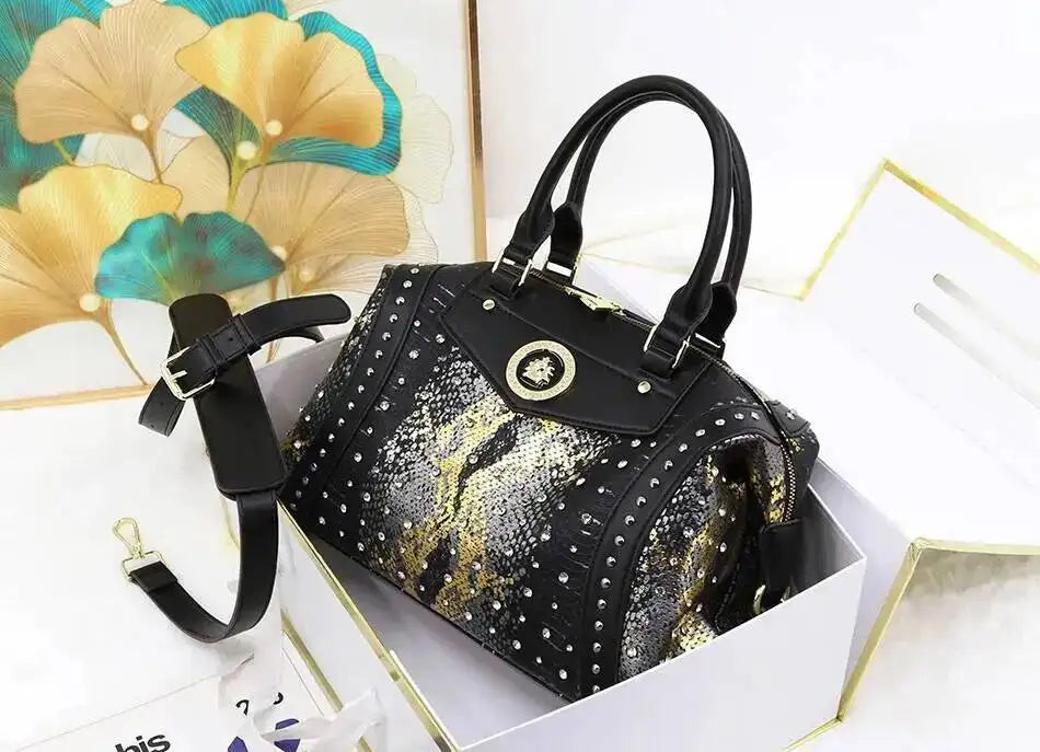 Snake Pattern Rivet Boston Shoulder Bag