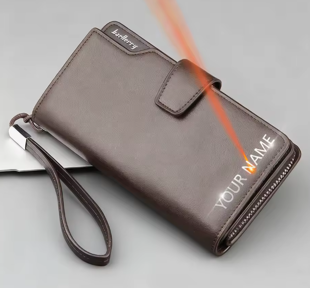 Personalized long wallet for men in brown with custom engraved name and wrist strap