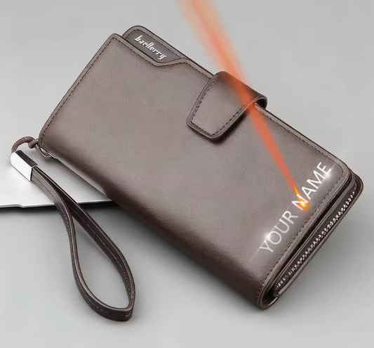 Personalized long wallet for men in brown with custom engraved name and wrist strap