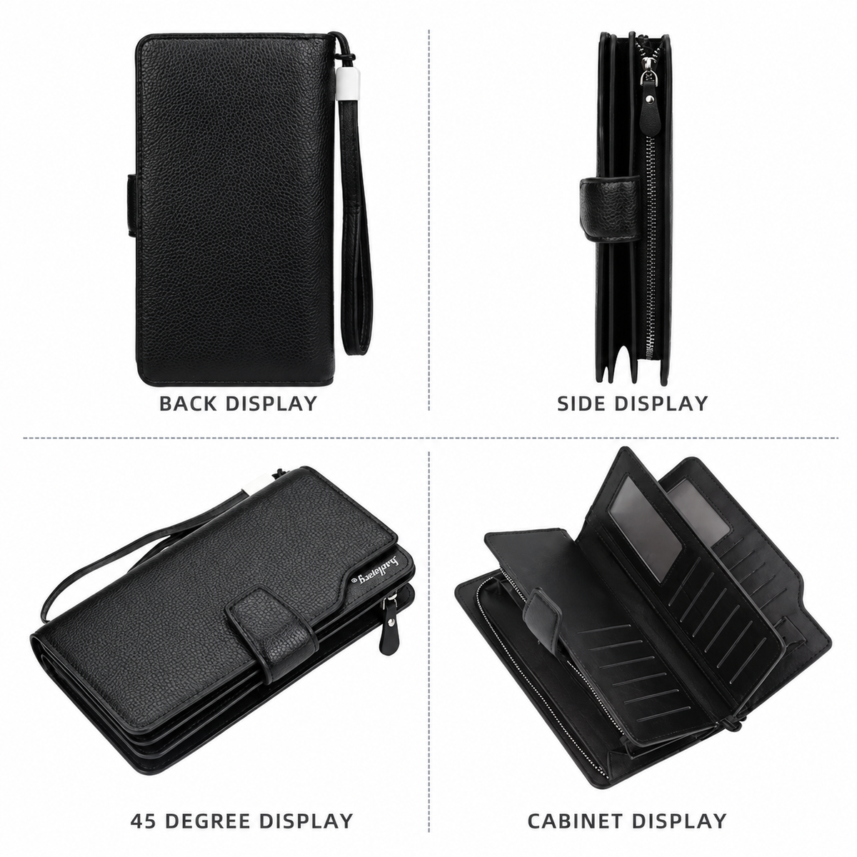 Black engraved men's long wallet – zipper clutch with snap closure