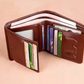 Men's trifold wallet in coffee brown vegan leather – open view with ID window and card slots
