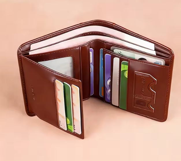 Men's trifold wallet in coffee brown vegan leather – open view with ID window and card slots