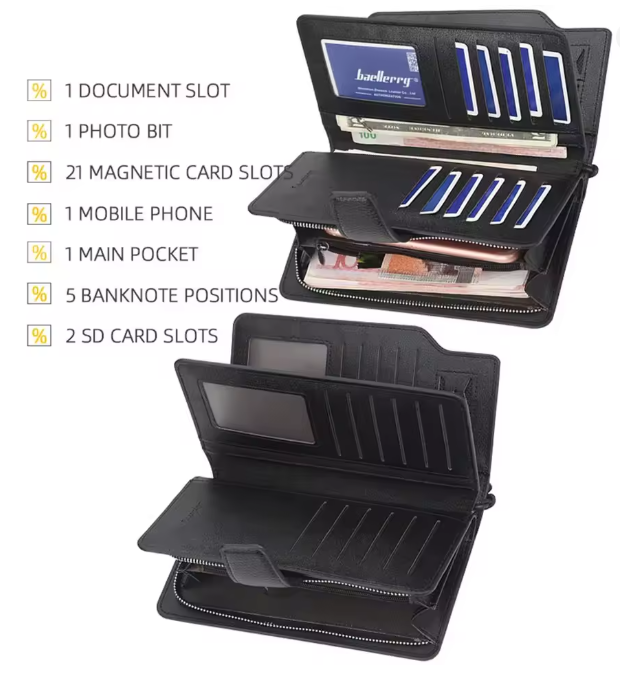 Inside view of men's long wallet showing card slots, cash compartment and coin pocket